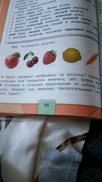 151. Рассмотрите рисунки. Какие предметы изображены на рисунках? Назовите признаки этих предметов: величину, цвет, форму, вкус.