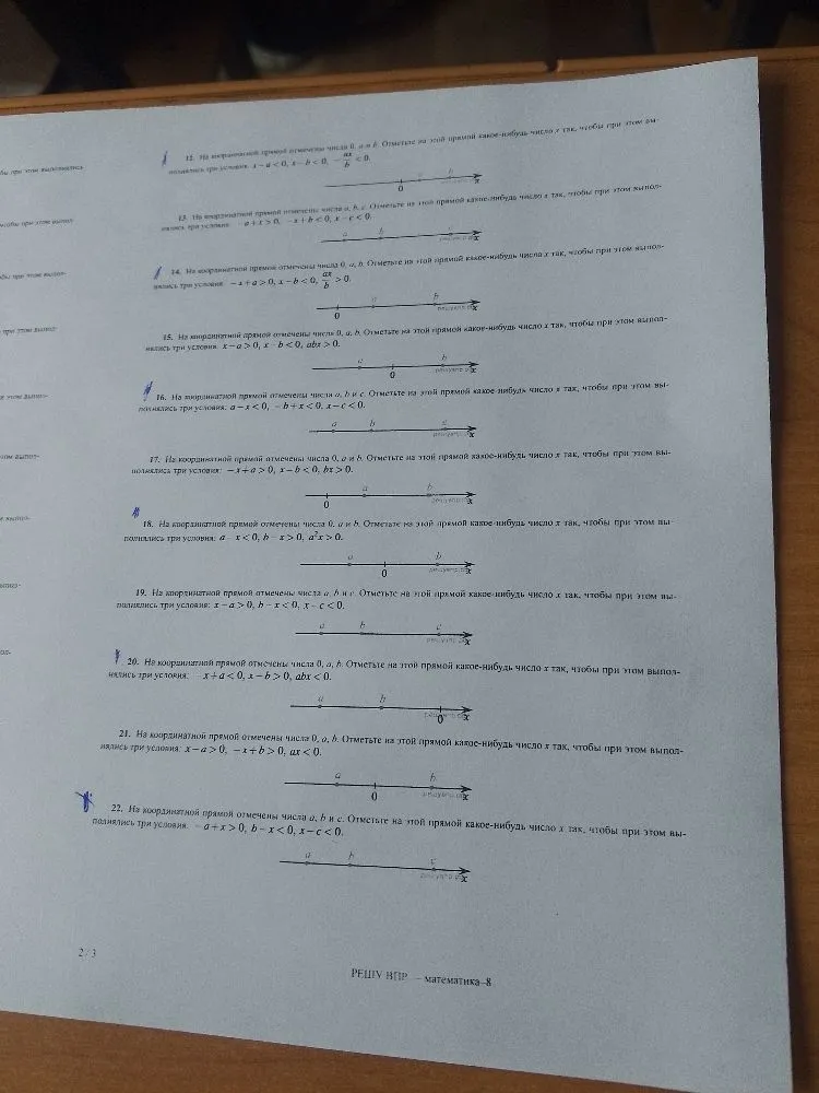 12. На координатной прямой отмечены числа a и b. Отметьте на этой прямой какое-нибудь число x так, чтобы при этом выполнялись три условия: x-a<0, x-b<0, ax/b<0.