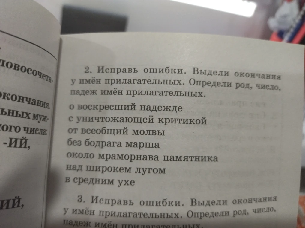 2. Исправь ошибки. Выдели окончания у имён прилагательных. Определи род, число, падеж имён прилагательных.