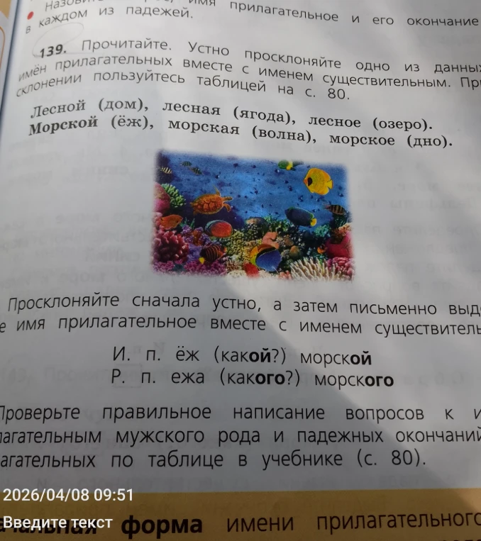 139. Прочитайте. Устно просклоняйте одно из данных имён прилагательных вместе с именем существительным. При склонении пользуйтесь таблицей на с. 80.