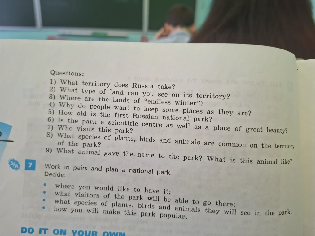 Questions: 1) What territory does Russia take? 2) What type of land can you see on its territory? 3) Where are the lands of “endless winter”?