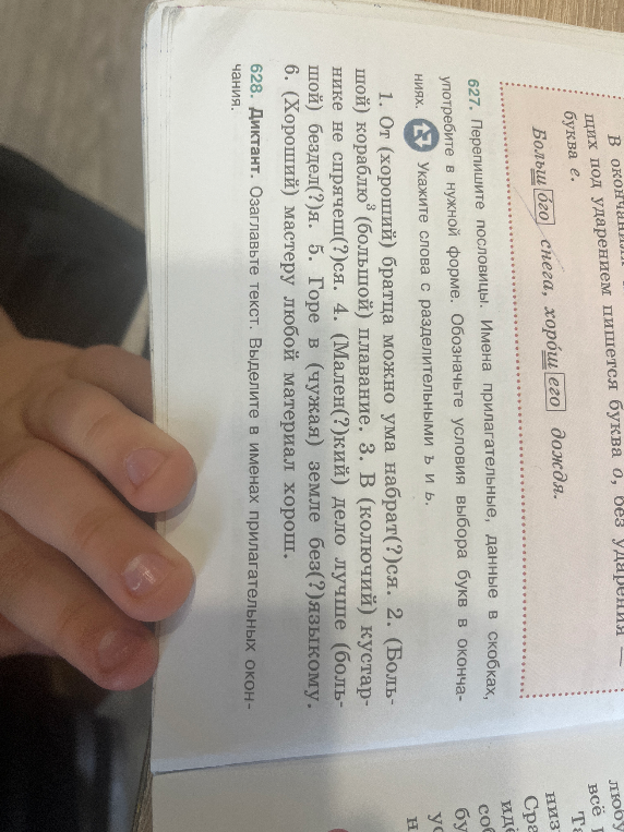 627. Перепишите пословицы. Имена прилагательные, данные в скобках, употребите в нужной форме. Обозначьте условия выбора букв в окончаниях.