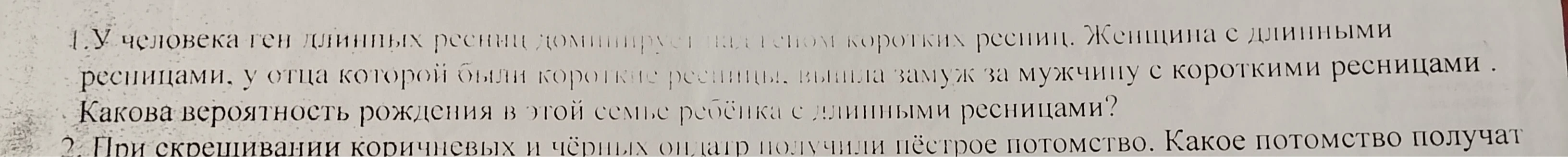 1.У человека ген длинных ресниц доминирует над геном коротких ресниц. Женщина с длинными ресницами, у отца которой были короткие ресницы, вышла замуж за мужчину с короткими ресницами . Какова вероятность рождения в этой семье ребёнка с длинными ресницами?
