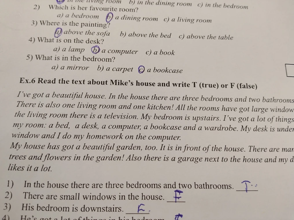 Ex.6 Read the text about Mike’s house and write T (true) or F (false)