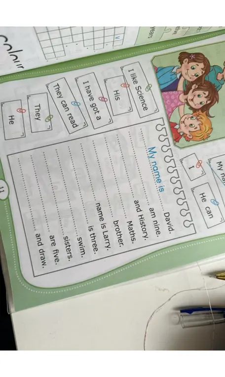 Заполни пропуски словами: 'My name is David', 'He', 'His', 'They'