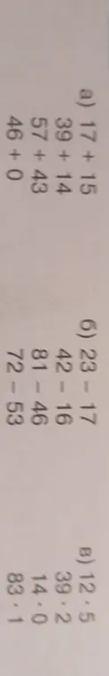 Реши примеры: 17+15, 39+14, 57+43, 46+0
