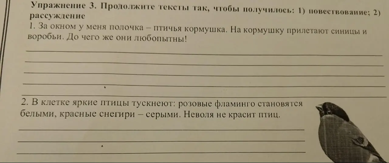 Предложи, как продолжить тексты, чтобы получилось повествование и рассуждение.