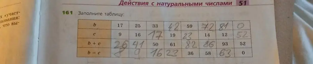 Заполни таблицу: вычисли сумму и разность для переменных b и с