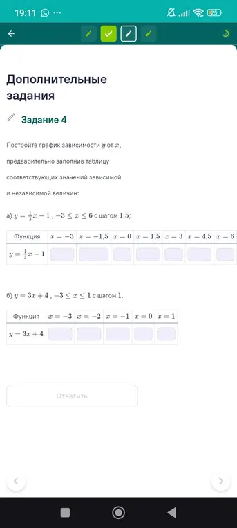 Помоги мне заполнить таблицу значений для функций: a) y = 1/3x - 1, где -3 ≤ x ≤ 6 с шагом 1,5; б) y = 3x + 4, где -3 ≤ x ≤ 1 с шагом 1.