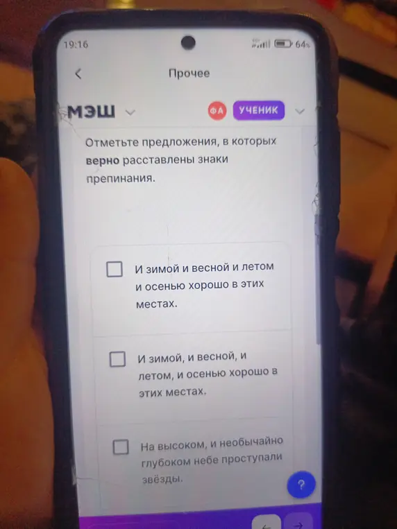 Отметь предложения, в которых верно расставлены знаки препинания, первое предложение: 'И зимой и весной и летом и осенью хорошо в этих местах.'