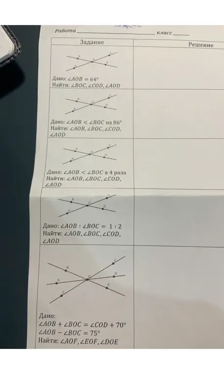 Реши задачу по геометрии: Дано ∠AOB = 64°, найди ∠BOC, ∠COD, ∠AOD
