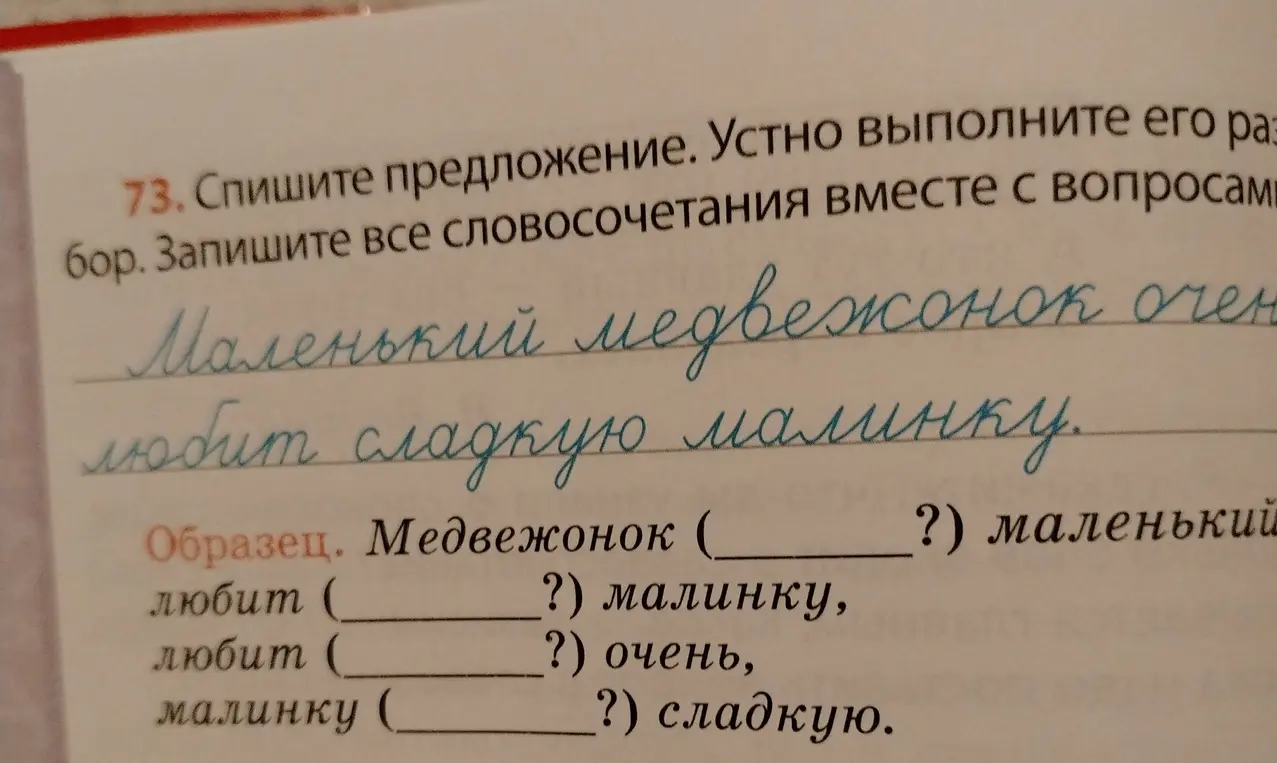 Заполни пропуски в словосочетаниях для упражнения про медвежонка