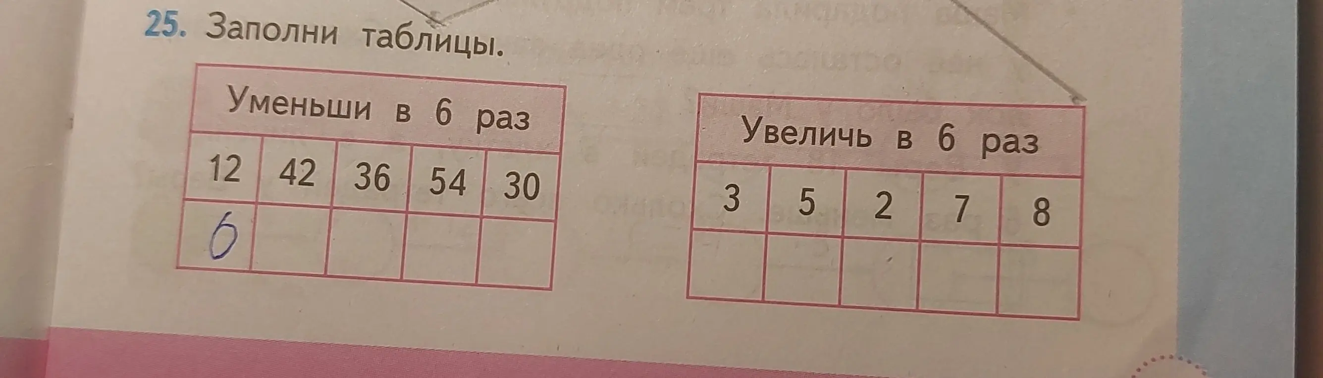 Помоги мне заполнить таблицы. В первой таблице нужно уменьшить числа в 6 раз. Во второй таблице нужно увеличить числа в 6 раз