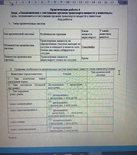 Заполни таблицу про типы кровеносных систем и сравни особенности кровеносных систем у разных животных