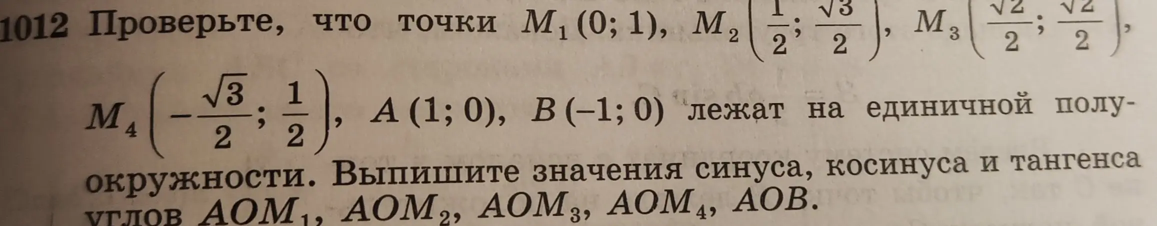 Проверь, что точки M1(0;1), M2 (√3/2; 1/2), M3 (√2/2; √2/2), M4 (-√3/2; 1/2), A (1; 0), B(-1;0) лежат на единичной полуокружности и выпиши значения синуса, косинуса и тангенса углов AOM1, AOM2, AOM3, AOM4, AOB.