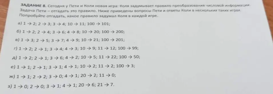 Попробуй отгадать, какое правило преобразования числовой информации задумал Коля в каждой игре.