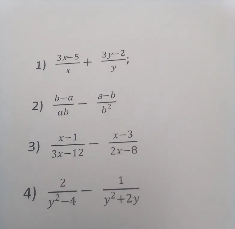 Вычисли значения выражений: 1) (3x-5)/x + (3y-2)/y