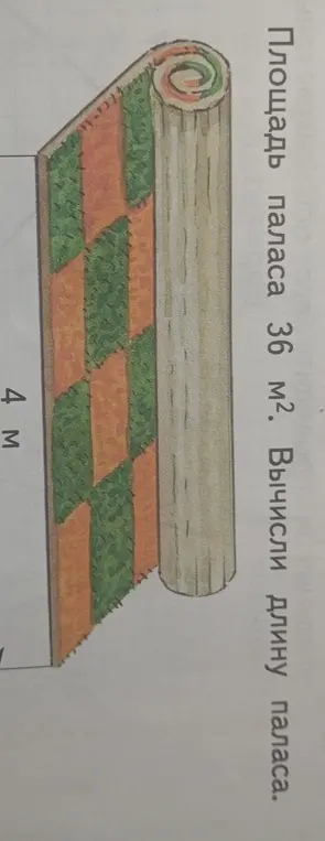 Вычисли длину паласа, если его площадь 36 м², а ширина 4 м.