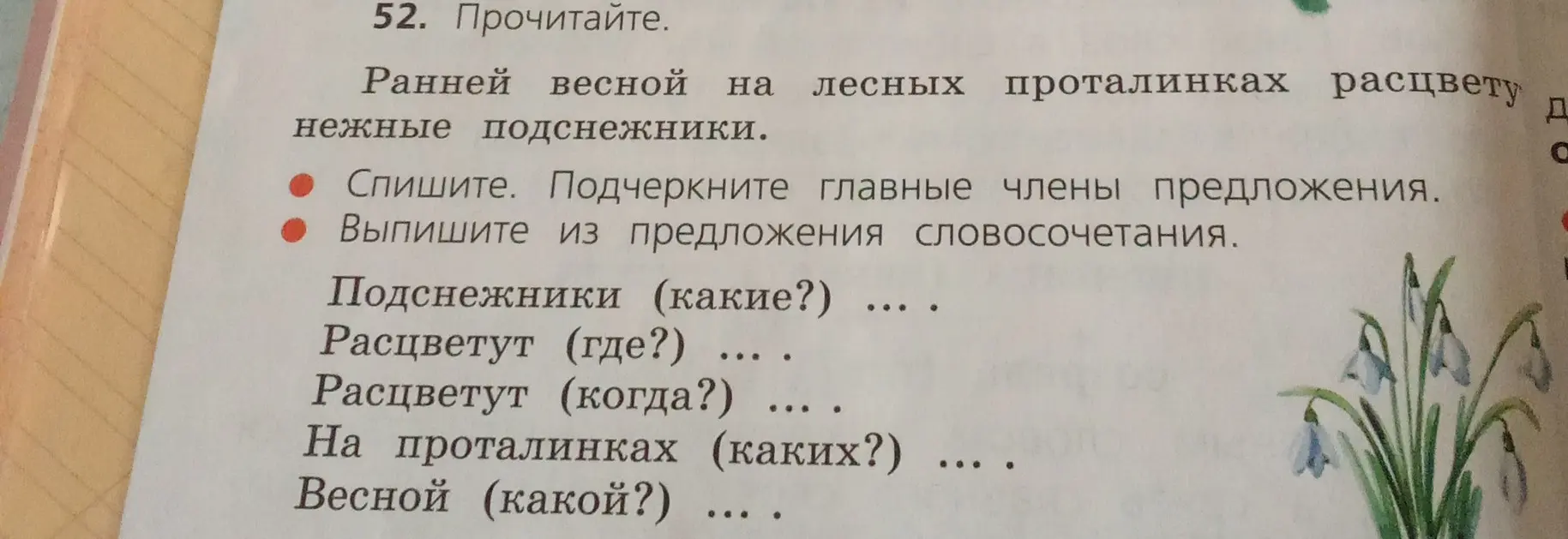 Спиши предложение, подчеркни главные члены и выпиши словосочетания: Подснежники (какие?), Расцветут (где?), Расцветут (когда?), На проталинках (каких?), Весной (какой?)