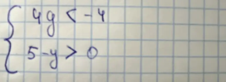 Реши систему неравенств {4y < -4, 5-y > 0}