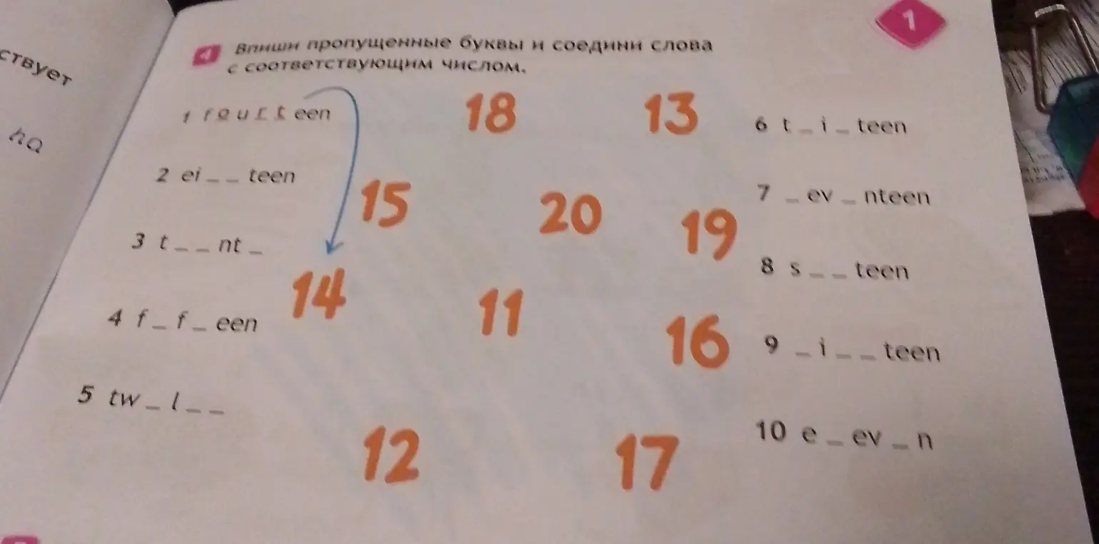 Впиши пропущенные буквы в словах: fourteen, eighteen, thirty и т.д.
