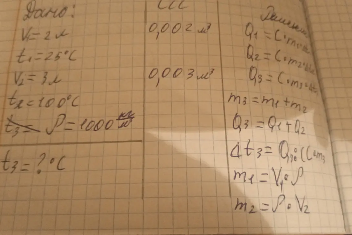 Найди конечную температуру $t_3$, если дано: $V_1 = 2 \; л$, $t_1 = 25 \; °C$, $V_2 = 3 \; л$, $t_2 = 100 \; °C$, $\rho = 1000 \frac{кг}{м^3}$.