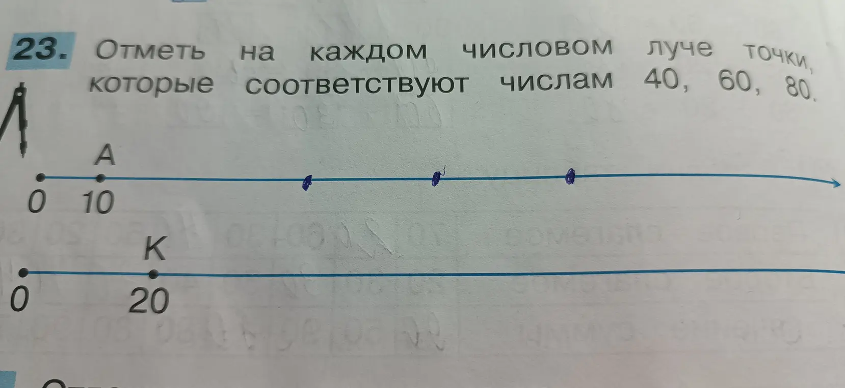 Отметь на каждом числовом луче точки, которые соответствуют числам 40, 60, 80.