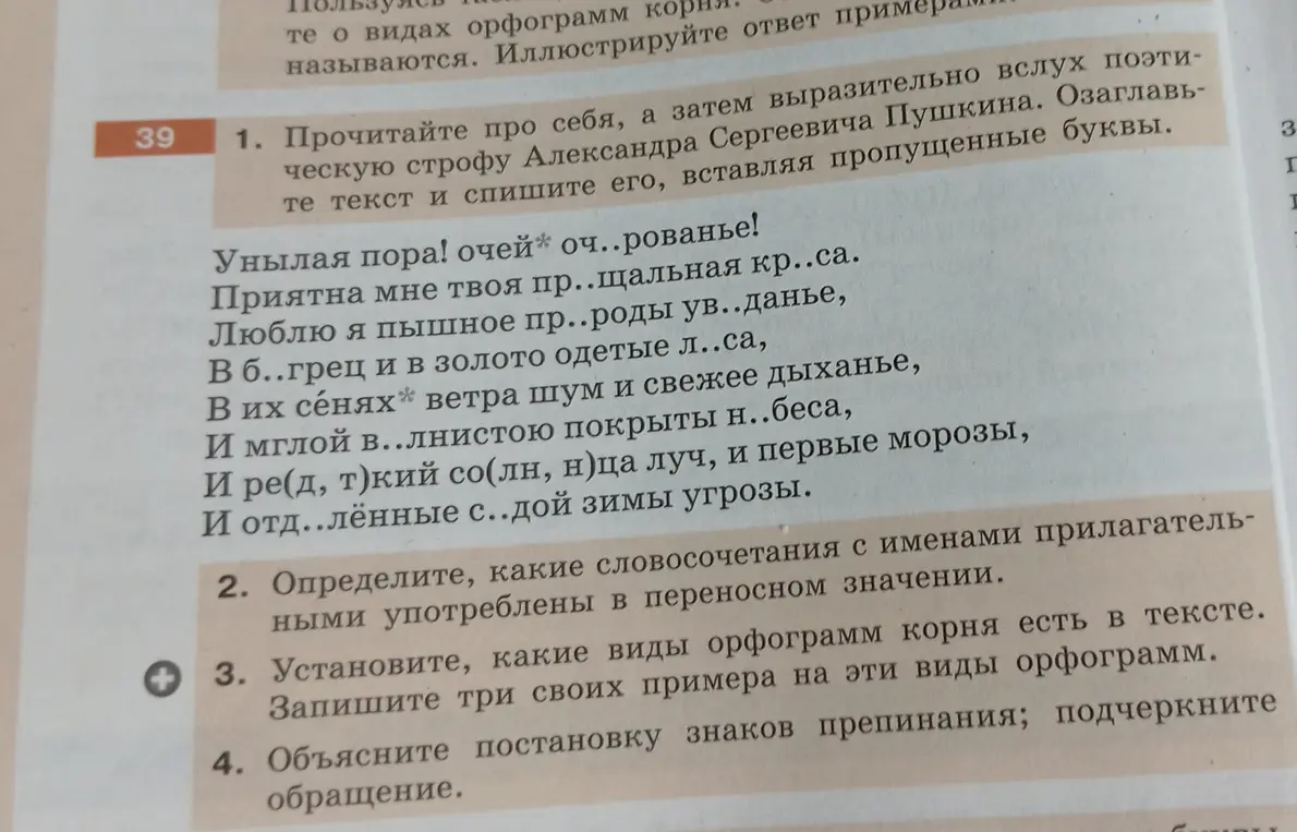 Прочитай поэтическую строфу Пушкина, озаглавь и спиши её, вставляя пропущенные буквы.