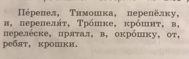 Объясни смысл текста: 'Перепел, Тимошка, перепёлку, и, перепелят, Трошке, крошит, в, перелеске, прятал, в, окрошку, от, ребят, крошки'.