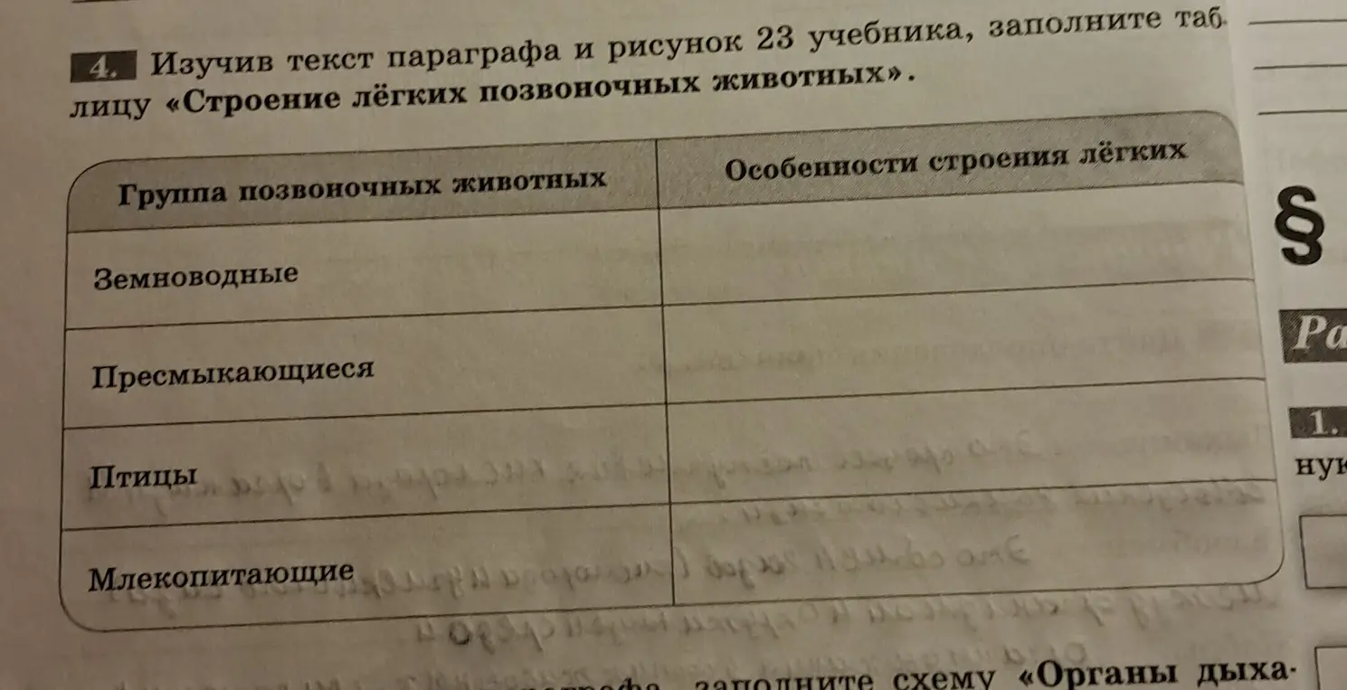 Заполни таблицу «Строение лёгких позвоночных животных»