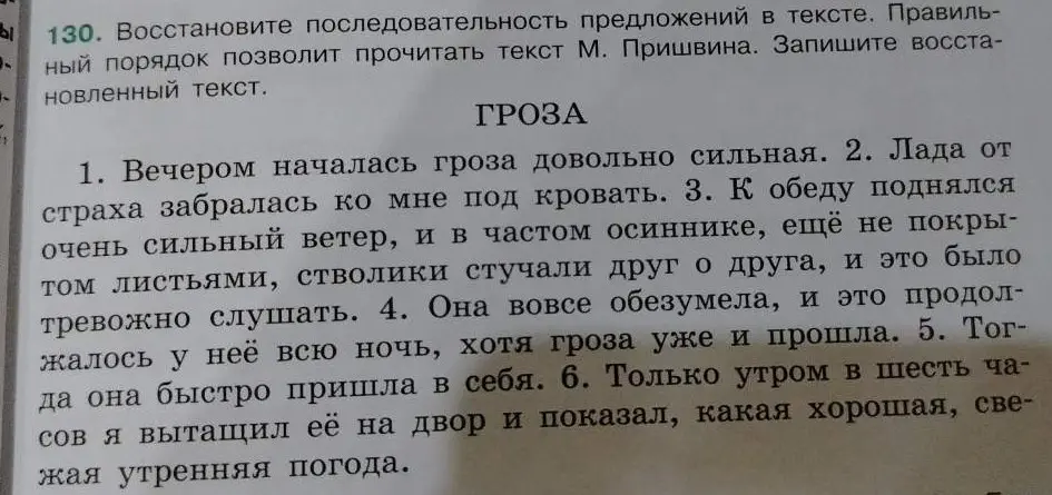 Восстанови последовательность предложений в тексте "Гроза".