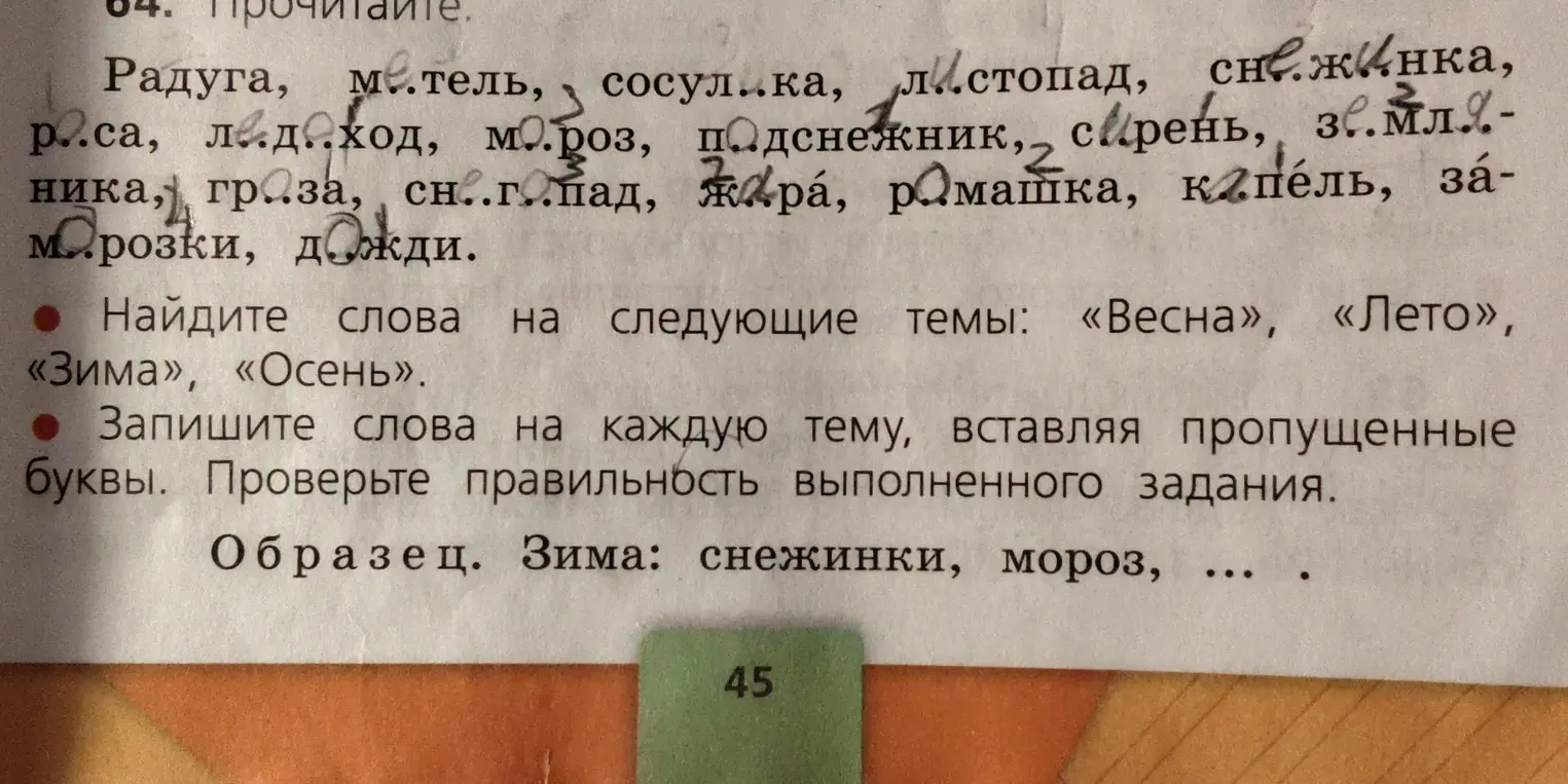 Найди слова на темы «Весна», «Лето», «Зима», «Осень», вставь пропущенные буквы.