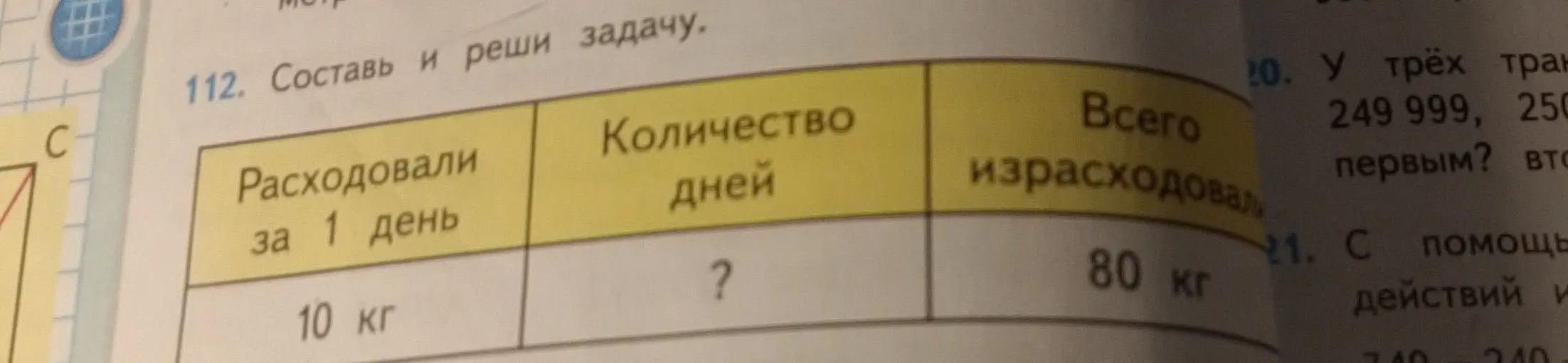 Составь и реши задачу про количество дней, если всего израсходовали 80 кг, а за 1 день 10 кг.
