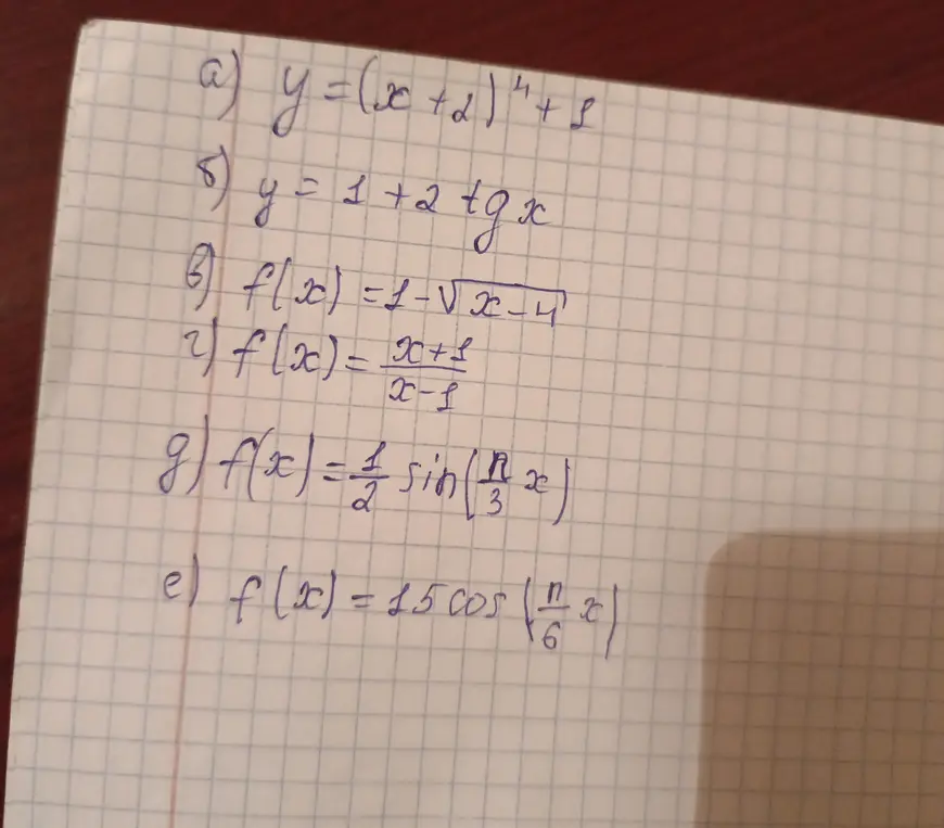 Помоги с графиками функций: y = (x+2)^4 + 1, y = 1 + 2tgx, f(x) = 1 - √(x-4), f(x) = (x+1)/(x-1), f(x) = 1/2 sin(π/3 x), f(x) = 15 cos(π/6 x).