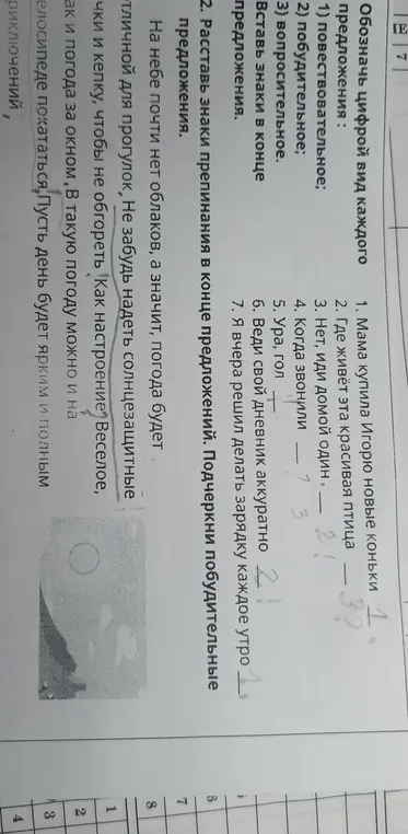 Обозначь цифрой вид каждого предложения и расставь знаки препинания.