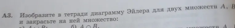 Изобрази в тетради диаграмму Эйлера для двух множеств А, В и закрась на ней множество а) A∪B; б) A∩B.