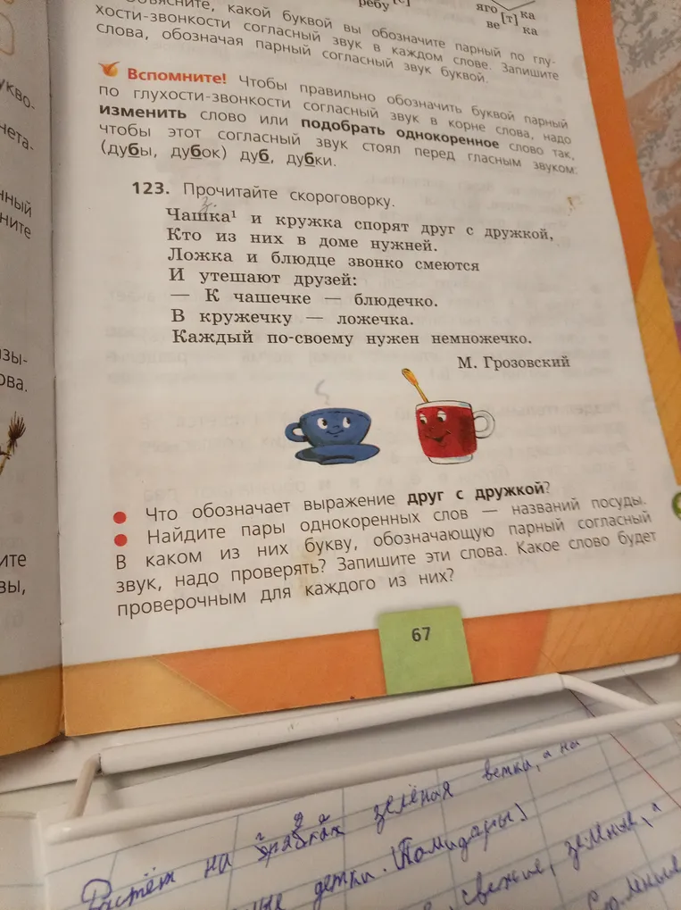 Прочитай скороговорку. Объясни, что обозначает выражение «друг с дружкой». Найди пары однокоренных слов — названий посуды. В каком из них букву, обозначающую парный согласный звук, надо проверять? Запиши эти слова. Какое слово будет проверочным для каждого из них?