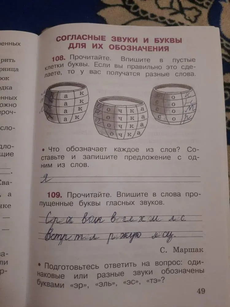 Прочитайте. Впишите в пустые клетки буквы. Если вы правильно это сделаете, то у вас получатся разные слова. Что обозначает каждое из слов? Составьте и запишите предложение с одним из слов.