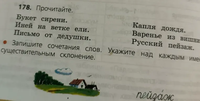 Запишите сочетания слов. Укажите над каждым именем существительным склонение.