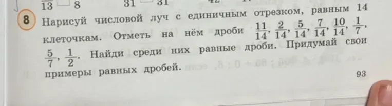 Нарисуй числовой луч с единичным отрезком, равным 14 клеточкам. Отметь на нём дроби $\frac{11}{14}$, $\frac{2}{14}$, $\frac{5}{14}$, $\frac{7}{14}$, $\frac{10}{14}$, $\frac{1}{7}$, $\frac{5}{7}$, $\frac{1}{2}$. Найди среди них равные дроби. Придумай свои примеры равных дробей.