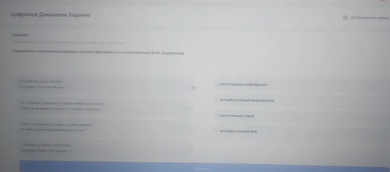 Установите соответствие между объектами двух столбцов. Определите стихотворный размер в данных фрагментах из стихотворений М.Ю. Лермонтова.
