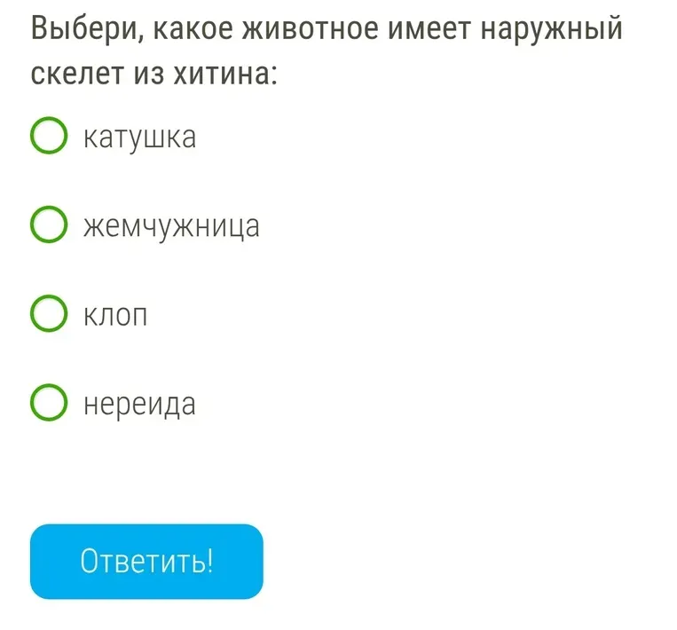 Выбери, какое животное имеет наружный скелет из хитина