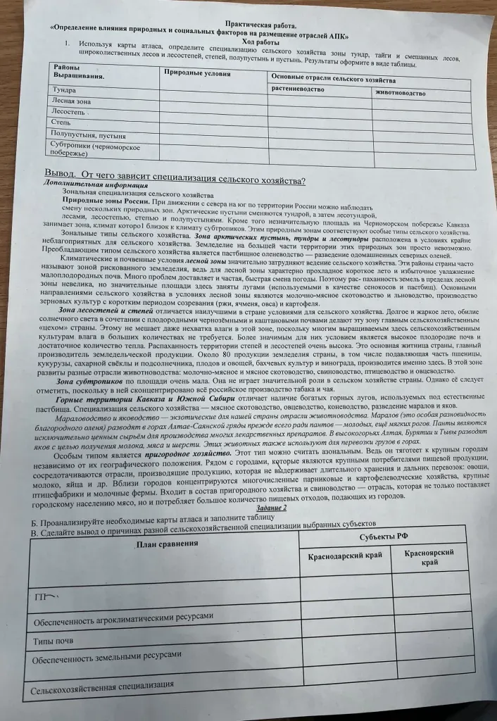 Заполните таблицу, используя карту атласа, определите специализацию сельского хозяйства зоны тундр, тайги и смешанных лесов, широколиственных лесов и лесостепей, степей, полупустынь и пустынь. Результаты оформите в виде таблицы.