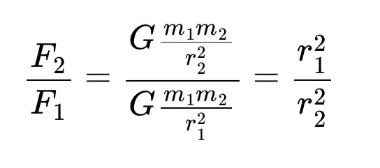Объясните, как получена формула $$\frac{F_2}{F_1} = \frac{G \frac{m_1 m_2}{r_2^2}}{G \frac{m_1 m_2}{r_1^2}} = \frac{r_1^2}{r_2^2}$$