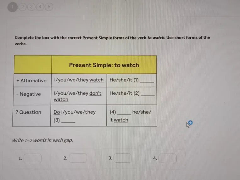 Complete the box with the correct Present Simple forms of the verb to watch. Use short forms of the verbs.