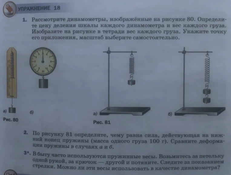 Рассмотрите динамометры, изображённые на рисунке 80. Определите цену деления шкалы каждого динамометра и вес каждого груза.