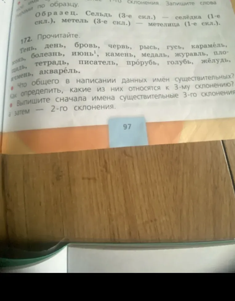 Прочитайте слова и ответьте на вопросы: Что общего в написании данных имён существительных? Как определить, какие из них относятся к 3-му склонению? Выпишите сначала имена существительные 3-го склонения, а затем — 2-го склонения.