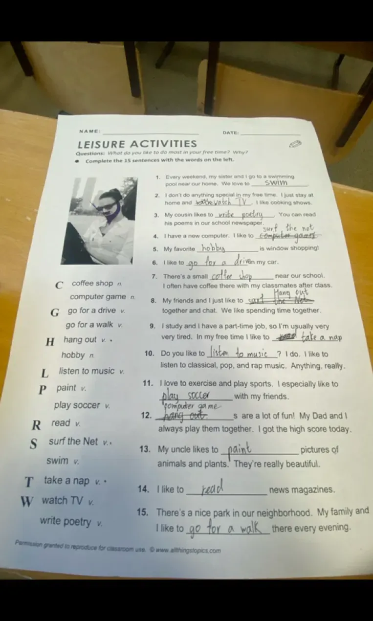 Complete the 15 sentences with the words on the left.