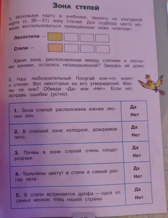Ответьте на вопросы по теме «Зона степей», выбрав «Да» или «Нет».