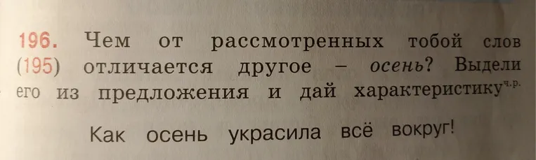Чем от рассмотренных тобой слов (195) отличается другое – осень? Выдели его из предложения и дай характеристику.